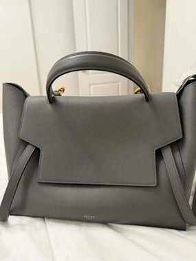Celine Gray Pebbled Leather Top-Handle Satchel with Gold Hardware